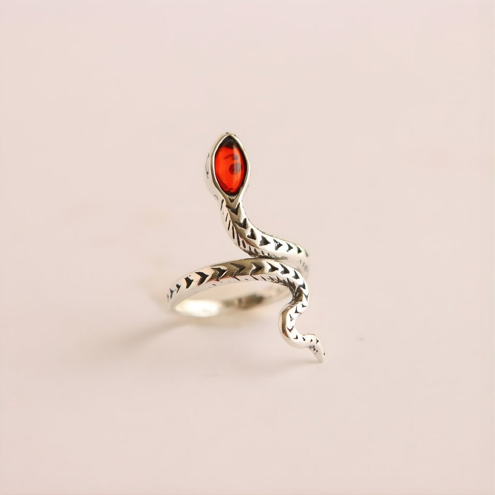 Baltic Cherry Amber Snake Ring in Sterling Silver